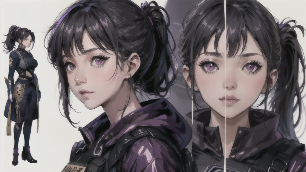 One girl,human, Dark hair with purple strands, Ponytail, purple eyes, black outfit,wearing bulletproof vest, beautiful, masterpiece, best quality, perfect lighting, extremely detailed CG unity 8k wallpaper, reference sheet, model sheet, simple white background, (multiple views, [from behind|from side|from front|close-up|upper body|portrait]:1),