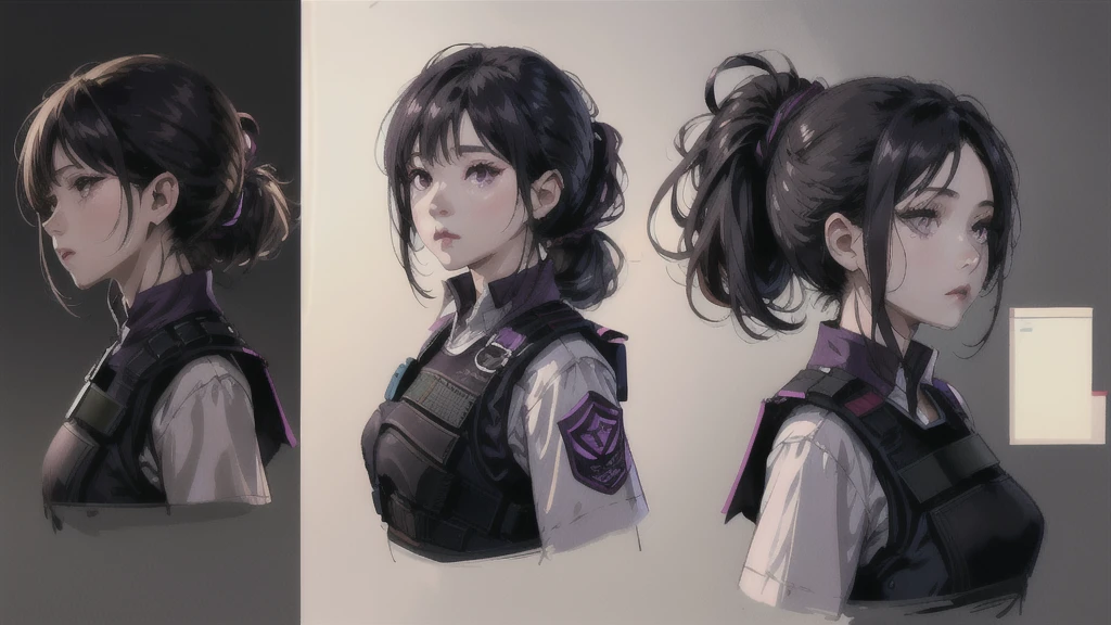 One girl,human, Dark hair with purple strands, Ponytail, purple eyes, black outfit,wearing bulletproof vest, beautiful, masterpiece, best quality, perfect lighting, extremely detailed CG unity 8k wallpaper, reference sheet, model sheet, simple white background, (multiple views, [from behind|from side|from front|close-up|upper body|portrait]:1),