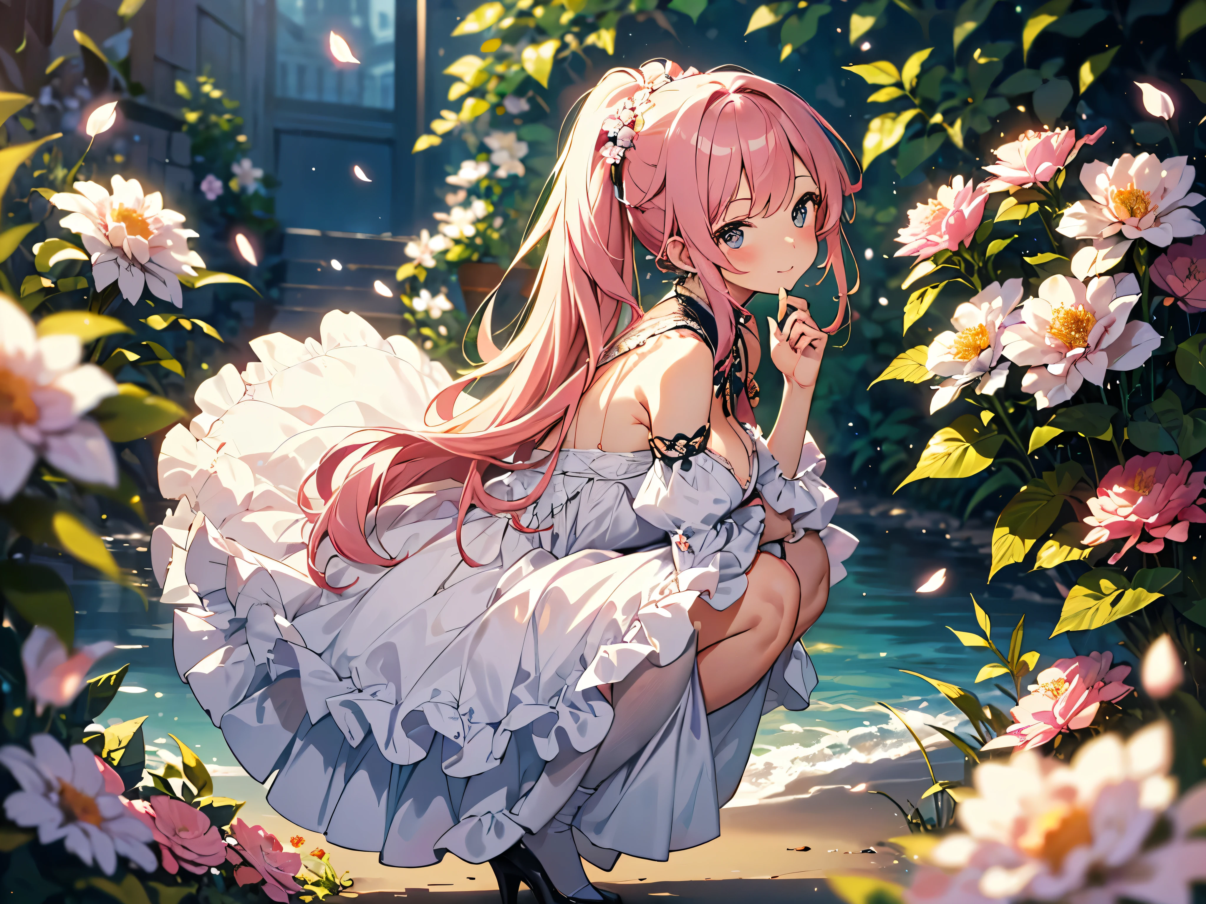 (((Ultra gorgeous  beautiful dress is rococo style gown with, hoopskirt and long hems))), (solo lady:1.2) is cute and very beautiful, (fluffy ponytail pink hair:1.2:Expressive hair:1.2:very voluminous long hair:1.2), bangs, happy smile, ((huge breasts)), (cowboy shot, from side view), (squat:1.2), (looking up:1.1:from above:1.1), (moe anime art style:1.2), (dutch angle:1.5), (masterpiece:1.2:ultra detailed:1.2), (an extremely delicate and beautiful:1.2), (depth of field:1.9), (blurry background:1.2), (wide variety colorful flowers:1.1), (Flowing petals:1.1), (backlighting:1.2), (light sparkles:1.1),