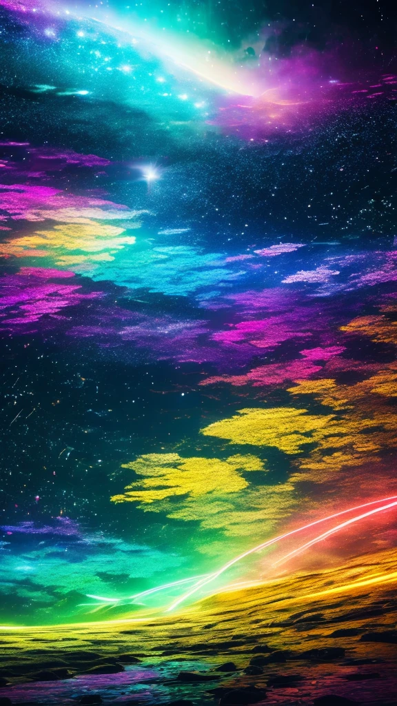 Highest quality, 32k, RAW Photos, Incredibly absurd, Very detailed, delicate texture, Beautiful and fantastic painting, Glitter effect, Fantasy, Beautiful rainbow unicorn, delicate, Flashy and dynamic depiction, 3d, Move, art, Background Heaven, Flowers, Milky Way, Giant magic circle, Pale Full Moon, Static electricity, discharge, Geometric pattern, irregularity, mysterious, A sign that something is happening, wide space at night, Night Sky, colorful, Rainbow colored neon line lights, image processing with mysterious effects