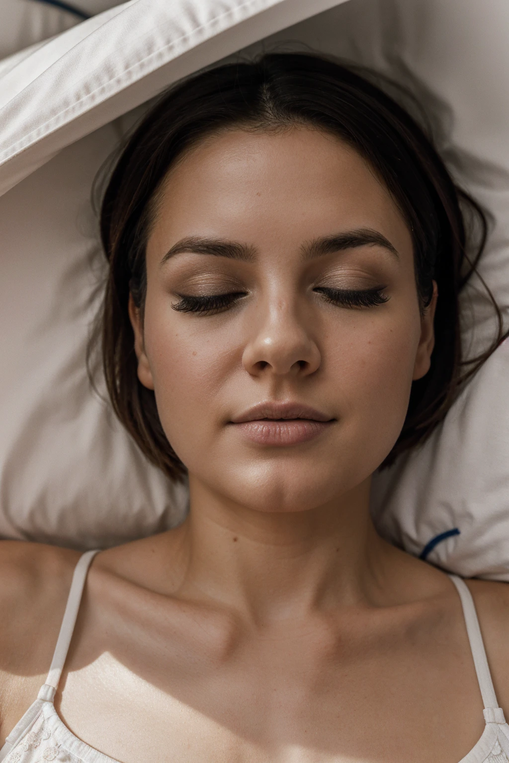 photo of a bed with a 34 years old Maltese woman sleeping horizontally in bed under bed covers, back turned from camera, early morning, cute, solo,beautiful detailed sky,detailed, (8k, RAW photo, best quality, masterpiece:1.2), (realistic, photo-realistic:1.37), ultra-detailed,(nose blush),(closed mouth), large aparture, professional lighting, Sony A7R4, Zessie 50mm F1.8, ,closed eyes,(bed covers:1.1),pleated,(short hair:1.2),floating hair, full body visible