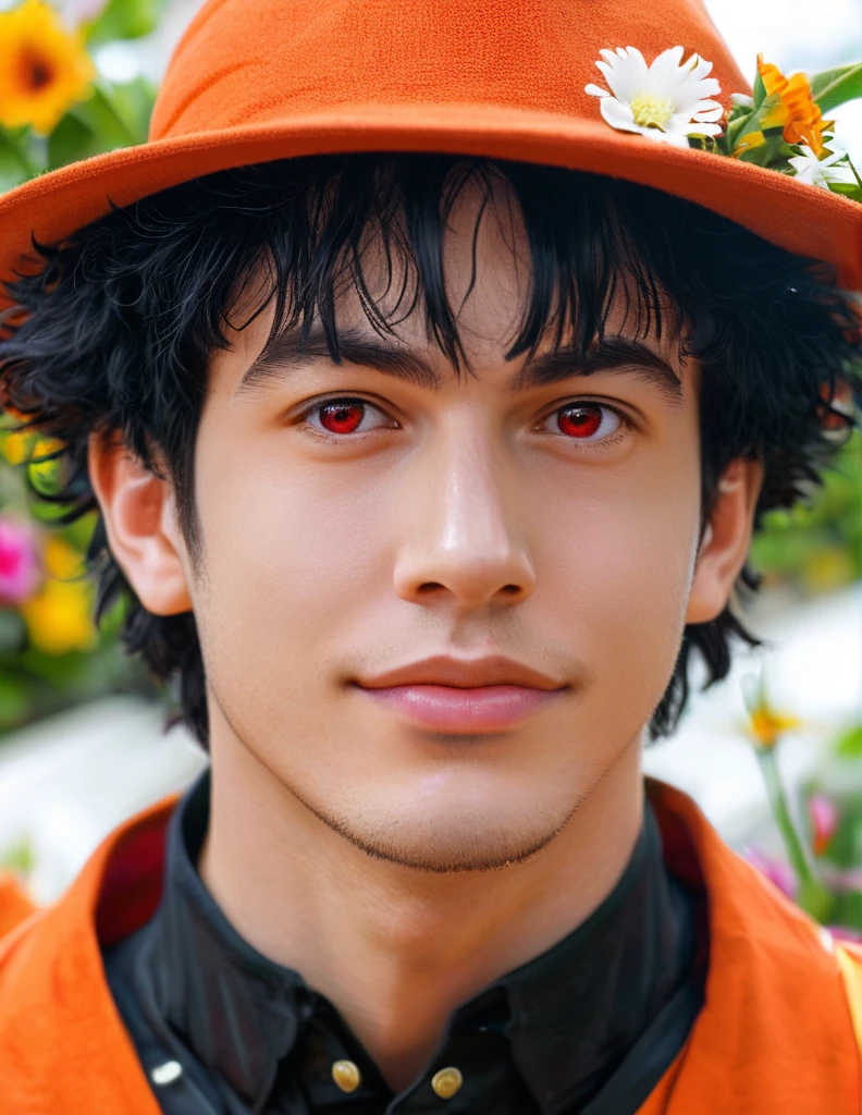 pale skinned man, almost gray, with bright red eyes and jet black hair. He has a charro hat and black charro clothing, Your clothes must have red details, Orange and yellow. detrás de él debe haber un fondo obscuro con abundates flores de cempasúchil de colores Orange and yellow, almost simulating a garden, both the flowers and the man must be realistic. the flowers must be disordered but there must be many