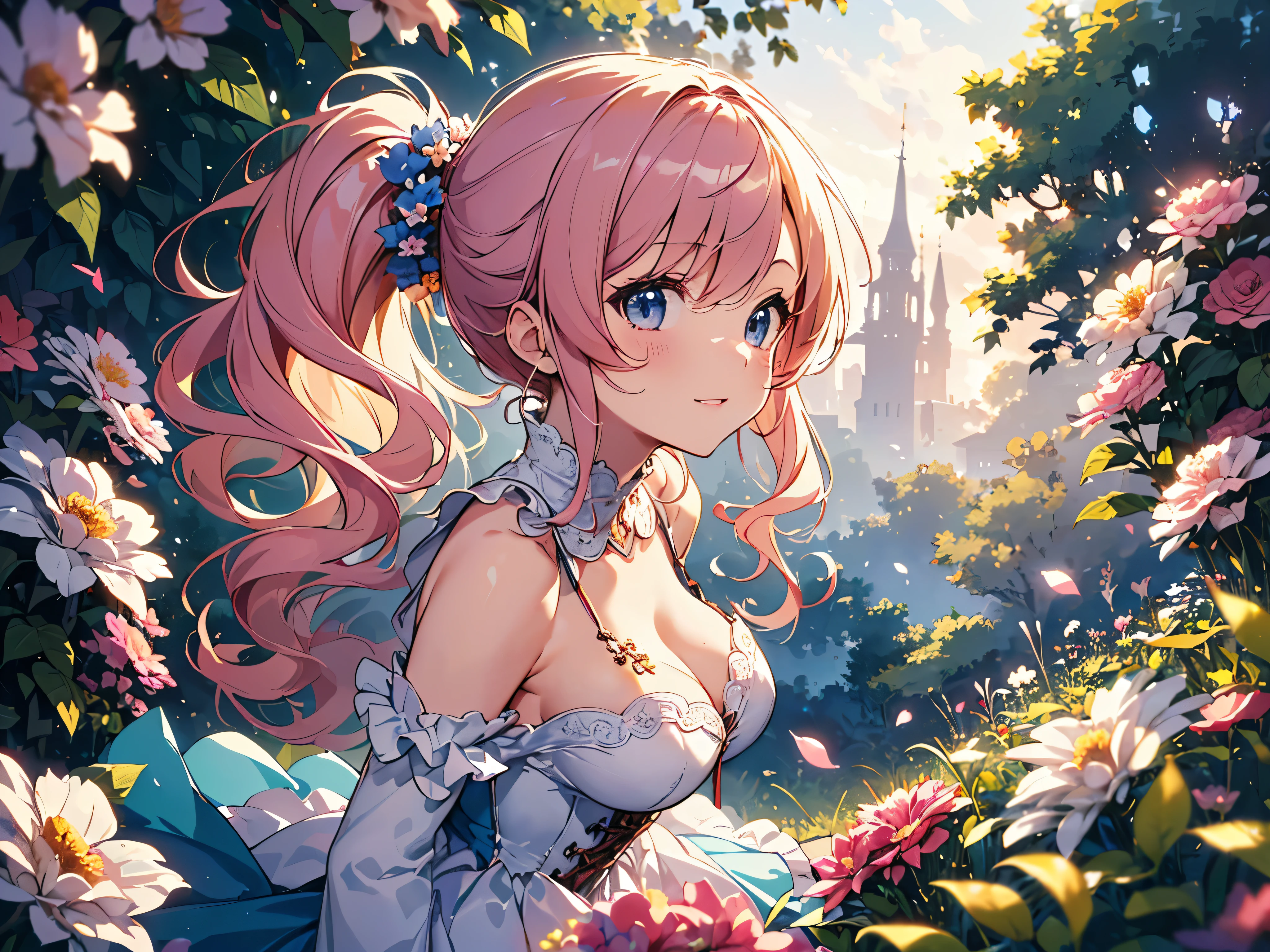 (((Ultra gorgeous  beautiful dress is rococo style gown with, hoopskirt and long hems))), (solo lady:1.2) is cute and very beautiful, (fluffy ponytail pink hair:1.2:Expressive hair:1.2:very voluminous long hair:1.2), bangs, happy smile, ((huge breasts)), (cowboy shot, from side view), (squat:1.2), (looking up:1.1:from above:1.1), (moe anime art style:1.2), (dutch angle:1.5), (masterpiece:1.2:ultra detailed:1.2), (an extremely delicate and beautiful:1.2), (depth of field:1.9), (blurry background:1.2), (wide variety colorful flowers:1.1), (Flowing petals:1.1), (backlighting:1.2), (light sparkles:1.1),