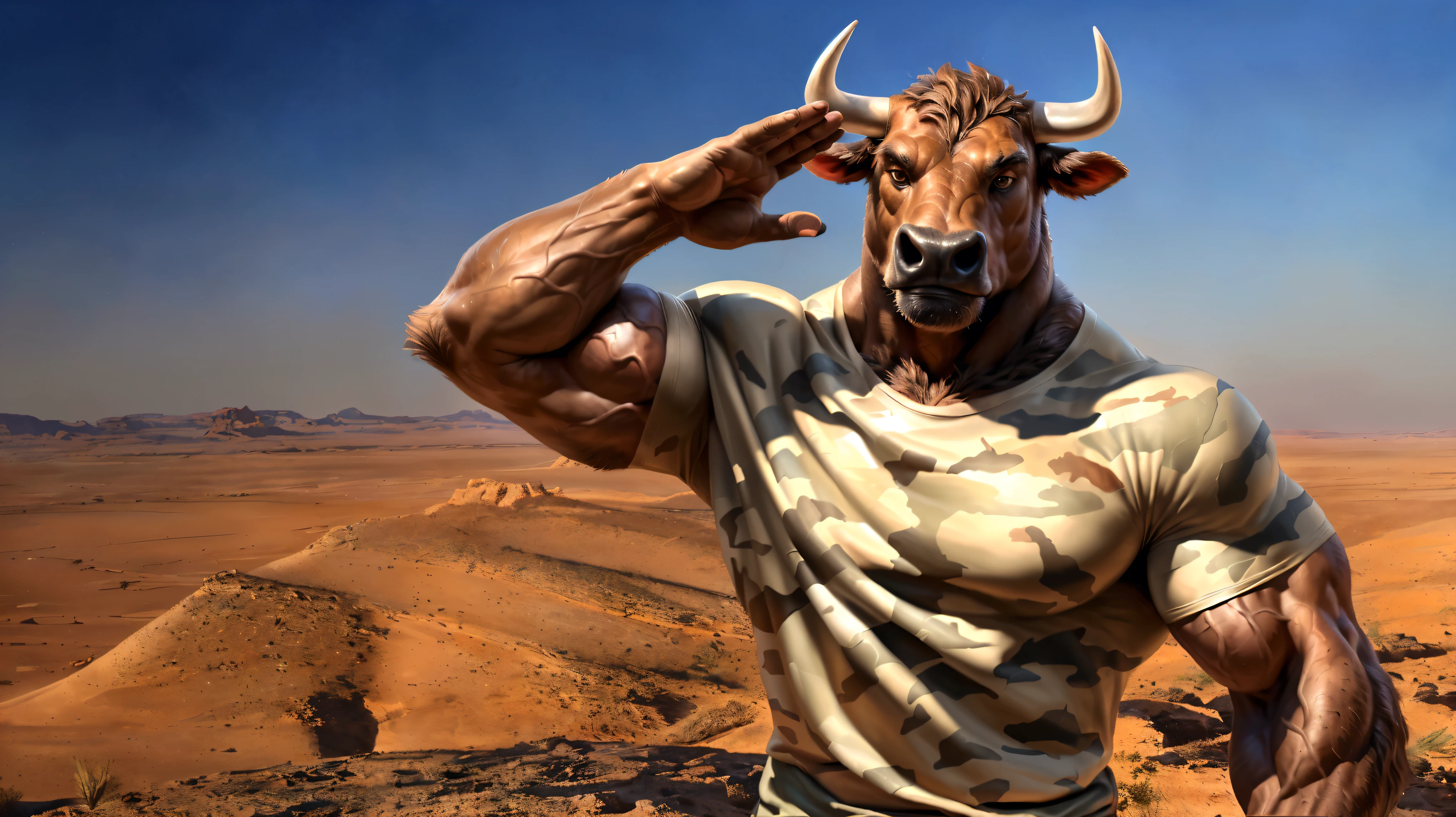Sharp focus, masterpiece, 8k, intricate artwork, hyper detailed, high detail, best quality, perfect colors, perfect shadows, perfect lighting, posted on e621, furry body, (close view), posted on e621, furry body, solo, anthro bull, (massive strongman, beefy bodybuilder, buff, veiny biceps, manly, brutal, masculine:1.3), (monotone brown fur, nails on hands:1.3), (curved big bovine horns), mature, male, correct anatomy, (photorealistic fur, detailed hairs, shaved face, epic, masterpiece:1.2), (by Taran Fiddler, by Blotch, Bonifasko lighting), detailed bull eyes, ((desert backdrop))