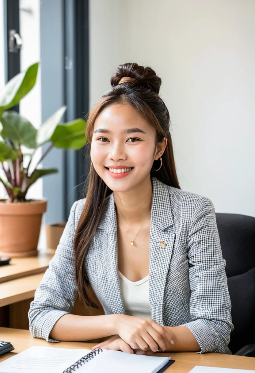 belle femme mixte asiatique-africaine dans un bureau. Elle est appuyée sur le bureau. Elle a 20 ans, séduisante. Elle a un visage parfait, taches de rousseur, sourire parfait, et de beaux yeux. expression coquine et séductrice. cheveux bouclés et mouillés. Elle porte un débardeur et une jupe légère. Elle est mince, Ses jambes sont longues, et sa grosse poitrine étire le tissu. Ambiance garçon manqué.