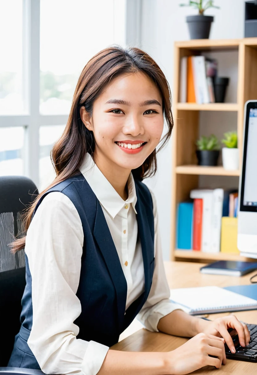 belle femme mixte asiatique-africaine dans un bureau. Elle est appuyée sur le bureau. Elle a 20 ans, séduisante. Elle a un visage parfait, taches de rousseur, sourire parfait, et de beaux yeux. expression coquine et séductrice. cheveux bouclés et mouillés. Elle porte un débardeur et une jupe légère. Elle est mince, Ses jambes sont longues, et sa grosse poitrine étire le tissu. Ambiance garçon manqué.