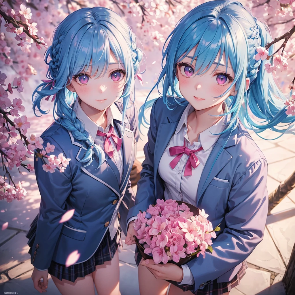 Sky blue hair, (Braided Ponytail),(Pink Eyes),Fair skin ,whole body,(1 Girl),smile,spring, cherry blossoms, Knee-high socks for school, blazer, Straight bangs,(masterpiece, Highest quality, Very detailed, Best Shadow), (Detailed Background), (Beautifully detailed face), High Contrast, (Best lighting, Very delicate and beautiful), ((Cinematic Light)), colorful, Hyper Detail, Dramatic Light, Intricate details,sunlight,Looking up