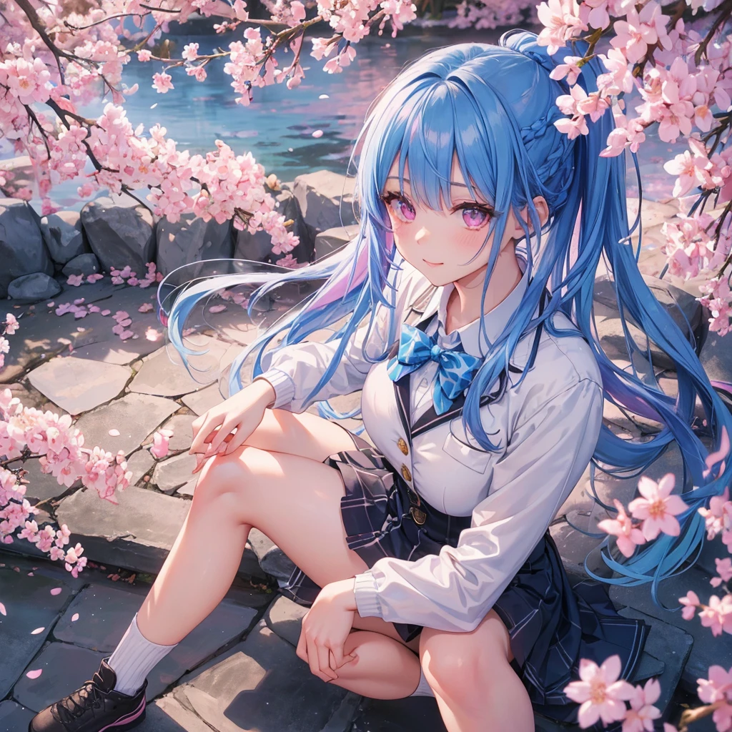 Sky blue hair, (Braided Ponytail),(Pink Eyes),Fair skin ,whole body,(1 Girl),smile,spring, cherry blossoms, Knee-high socks for school, blazer, Straight bangs,(masterpiece, Highest quality, Very detailed, Best Shadow), (Detailed Background), (Beautifully detailed face), High Contrast, (Best lighting, Very delicate and beautiful), ((Cinematic Light)), colorful, Hyper Detail, Dramatic Light, Intricate details,sunlight,Looking up