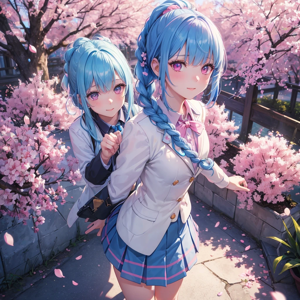 Sky blue hair, (Braided Ponytail),(Pink Eyes),Fair skin ,whole body,(1 Girl),smile,spring, cherry blossoms, Knee-high socks for school, blazer, Straight bangs,(masterpiece, Highest quality, Very detailed, Best Shadow), (Detailed Background), (Beautifully detailed face), High Contrast, (Best lighting, Very delicate and beautiful), ((Cinematic Light)), colorful, Hyper Detail, Dramatic Light, Intricate details,sunlight,Looking up