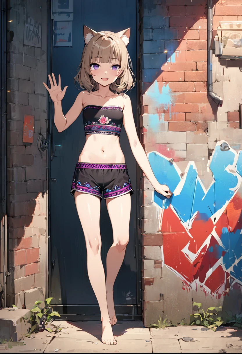 ((Masterpiece)), ((best quality)), (Anime:1.3), (super detail:1.2),(High Definition:1.3), (Professional Photography:1.2), cinematic lighting, (sharp focus), (perfect light), ((1girl)), ((12 years old)), (full body), messy medium hair, Beautiful collarbone, ((Embroidered Tribal black tubutop)), strapless, (bare arms), cute navel, (Tribal boxer shorts), (Healthy slim body), (loose blunt bangs), Slender body, glossy skin, (naughty smile), open mouth, ((Beautiful purple eyes)), Textured skin, (Cat ears), (Pale brown hair), Cute Beautiful Girl, (medium breast), BREAK, ((best quality)), (full body), ((1girl)), (waving hand), walk unsteadily on the lonely street corner, (the Brick wall with roses), (Wall with graffiti art of roses), dust in the air, (sharp focus), (perfect light),