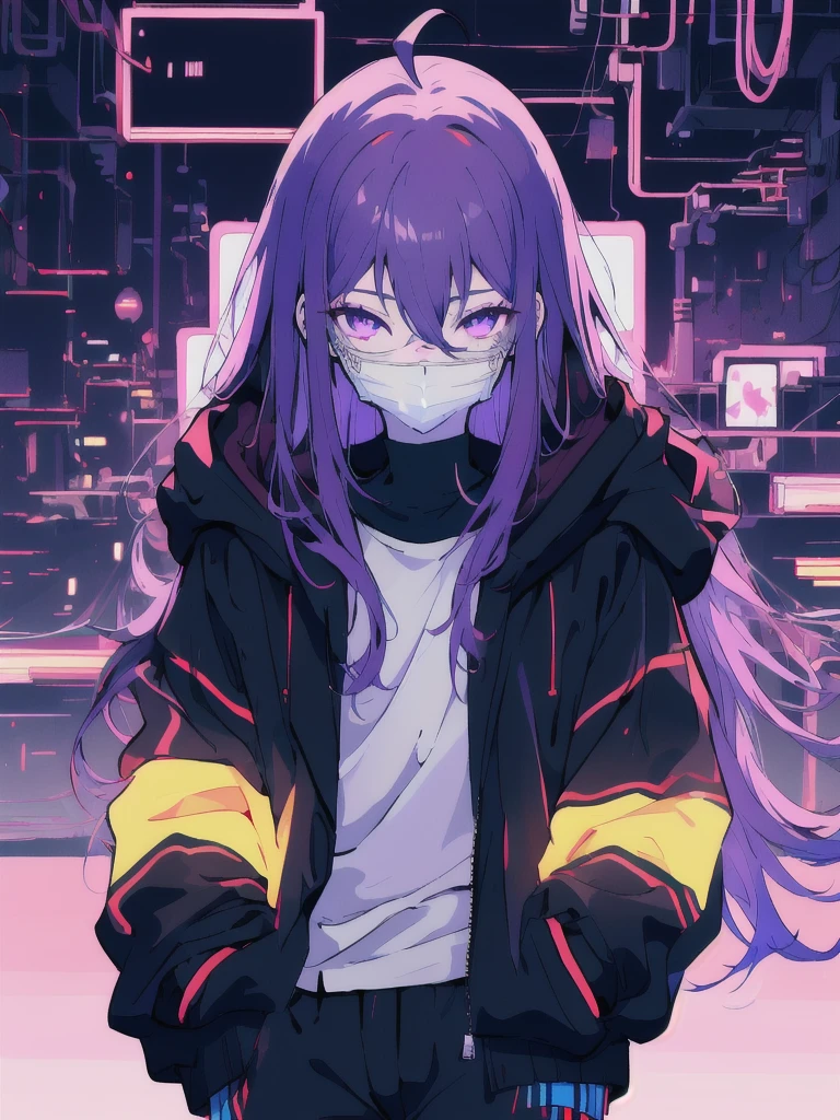 ((masterpiece)), (best quality), ((highres)), 4K, Detailed, (Ambient Light, Digital Art, Soft Lighting, extremely detailed 8K wallpaper:1.2), BREAK 1girl, solo, pale skin, violet eyes, violet hair, ahoge, (absurdly long hair:1.1), flat chest, cyberpunk scenery, black jacket, pants, shirt, night, hand in pocket, looking at viewer, hair between eyes, expressionless, rtx, neon light, black medical mask