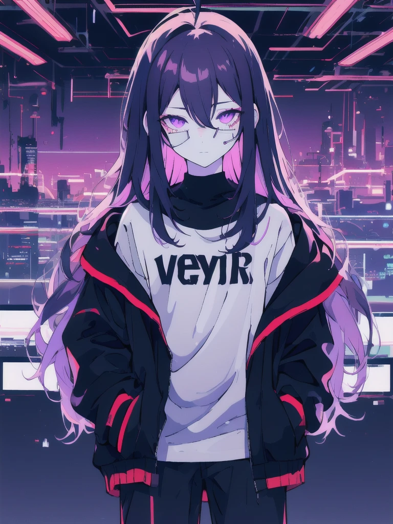 ((masterpiece)), (best quality), ((highres)), 4K, Detailed, (Ambient Light, Digital Art, Soft Lighting, extremely detailed 8K wallpaper:1.2), BREAK 1girl, solo, pale skin, violet eyes, violet hair, ahoge, (absurdly long hair:1.1), flat chest, cyberpunk scenery, black jacket, pants, shirt, night, hand in pocket, looking at viewer, hair between eyes, expressionless, rtx, neon light, black medical mask