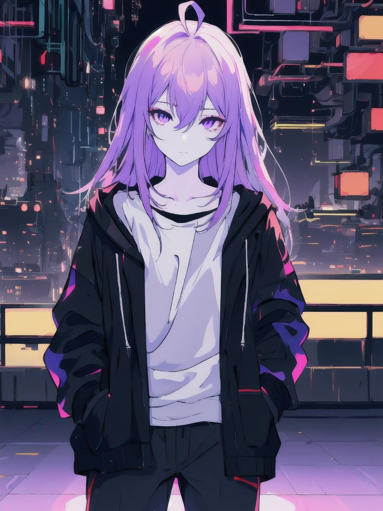 ((masterpiece)), (best quality), ((highres)), 4K, Detailed, (Ambient Light, Digital Art, Soft Lighting, extremely detailed 8K wallpaper:1.2), BREAK 1girl, solo, pale skin, violet eyes, violet hair, ahoge, (absurdly long hair:1.1), flat chest, cyberpunk scenery, black jacket, pants, shirt, night, hand in pocket, looking at viewer, hair between eyes, expressionless, rtx, neon light, black medical mask