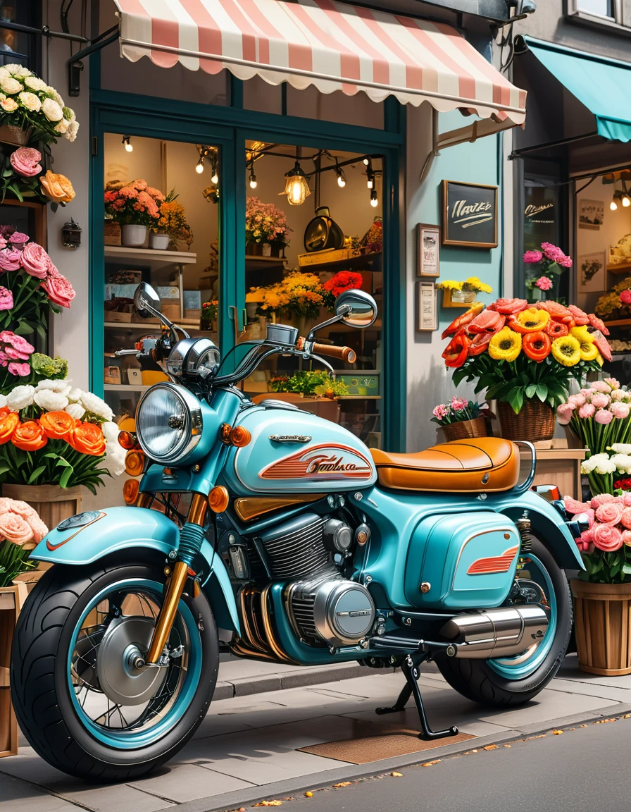 A retro electric motorcycle is parked in front of the flower shop, High-quality artworks created by master artists， best quality, Detailed Details