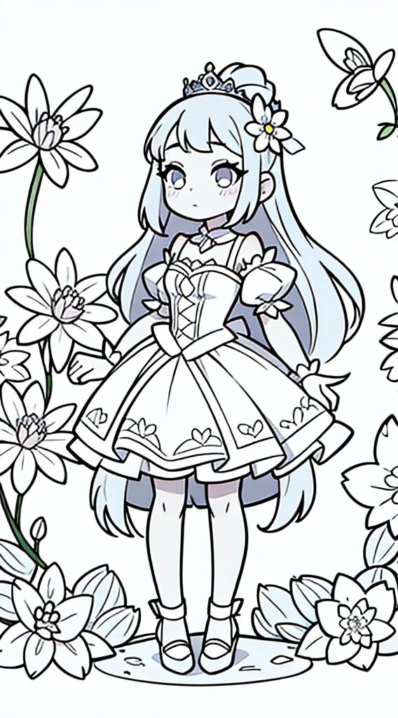 A girl, kawaii princess, standing, (Flower garden), shoulder-length hair, full body, in the center of the camera, line art, without being colored.