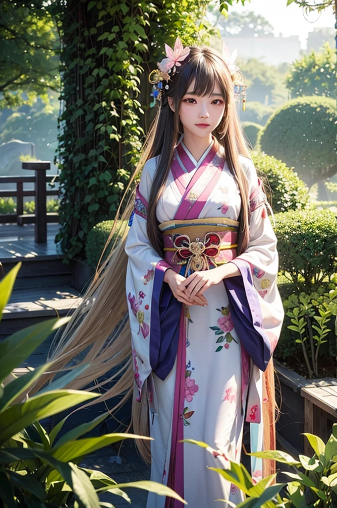 Attractive beauty、ghost、Draw a female figure with long flowing hair。In her head、Decorated with gracefully curved corners。She is wearing traditional Japanese clothing.、It features floral patterns and intricate embroidery.。Her hair was decorated with delicate flowers and jewellery.、It gives off a quiet and mysterious aura.。Butterflies flutter around her、It enhances the fantastical texture of the scene.。The colors are soft and harmonious、Focus on natural tones、Evokes a sense of tranquility、