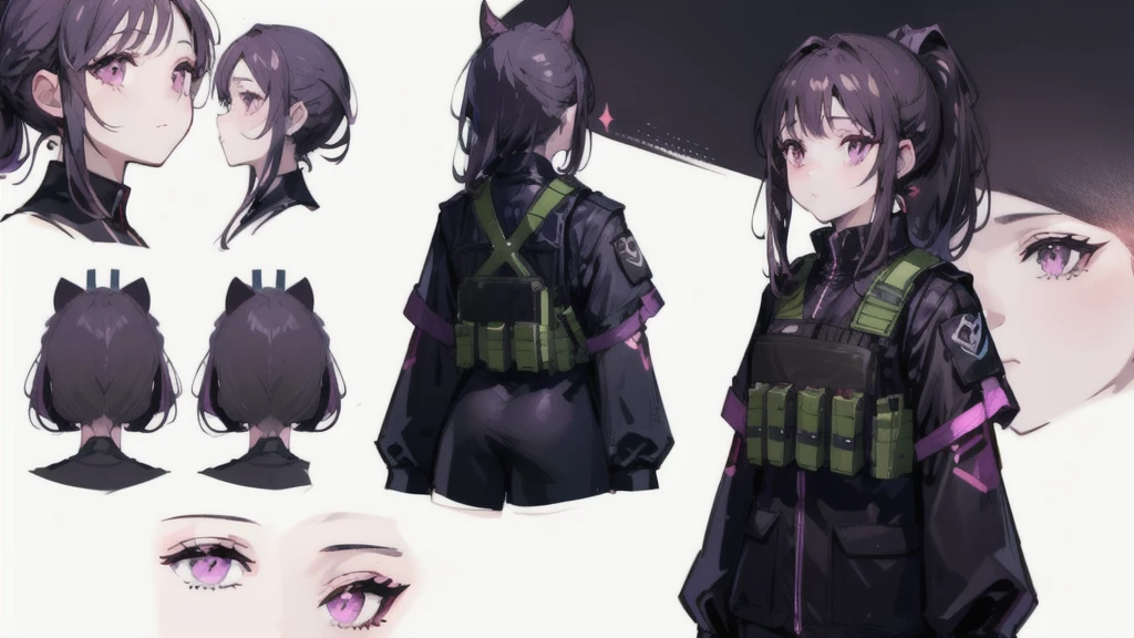 One girl,human, Dark hair with purple strands, Ponytail, purple eyes, black outfit,wearing bulletproof vest, beautiful, masterpiece, best quality, perfect lighting, extremely detailed CG unity 8k wallpaper, reference sheet, model sheet, simple white background, (multiple views, [from behind|from side|from front|close-up|upper body|portrait]:1),