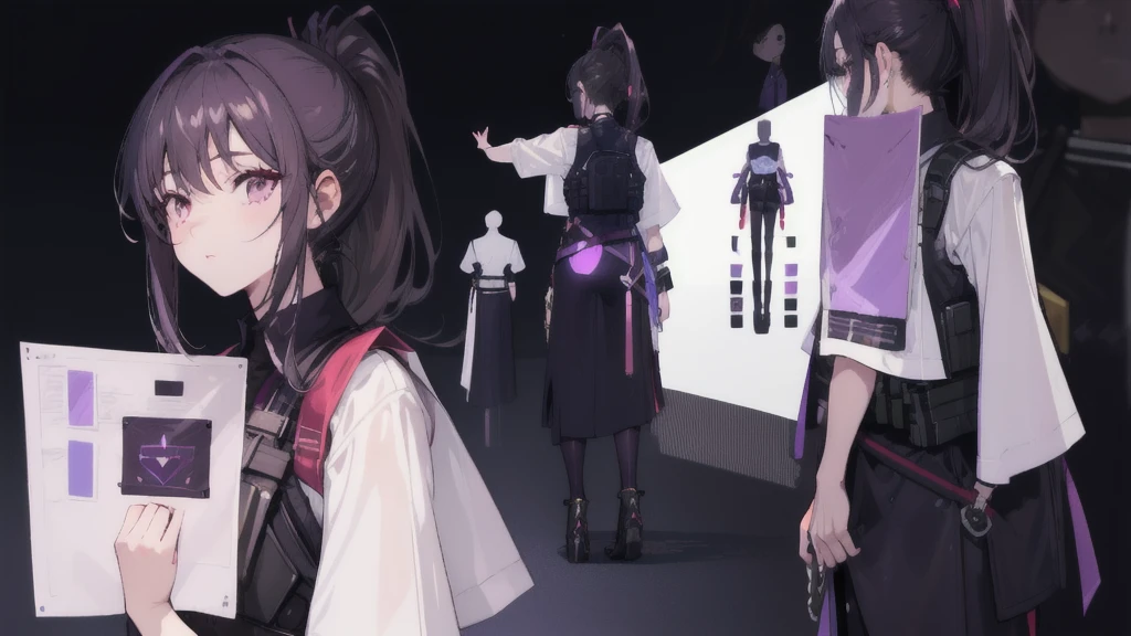 One girl,human, Dark hair with purple strands, Ponytail, purple eyes, black outfit,wearing bulletproof vest, beautiful, masterpiece, best quality, perfect lighting, extremely detailed CG unity 8k wallpaper, reference sheet, model sheet, simple white background, (multiple views, [from behind|from side|from front|close-up|upper body|portrait]:1),