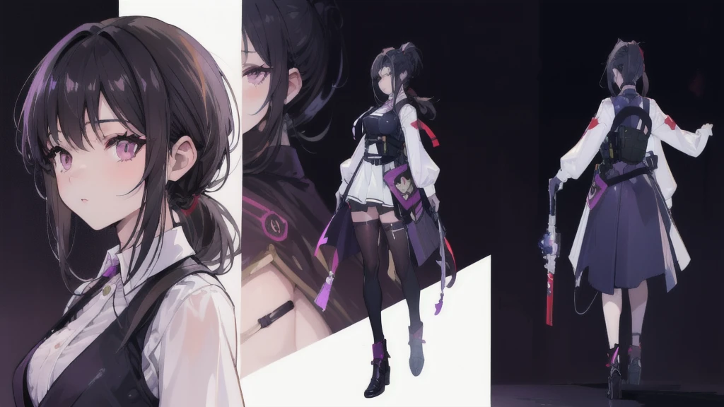 One girl,human, Dark hair with purple strands, Ponytail, purple eyes, black outfit,wearing bulletproof vest, beautiful, masterpiece, best quality, perfect lighting, extremely detailed CG unity 8k wallpaper, reference sheet, model sheet, simple white background, (multiple views, [from behind|from side|from front|close-up|upper body|portrait]:1),