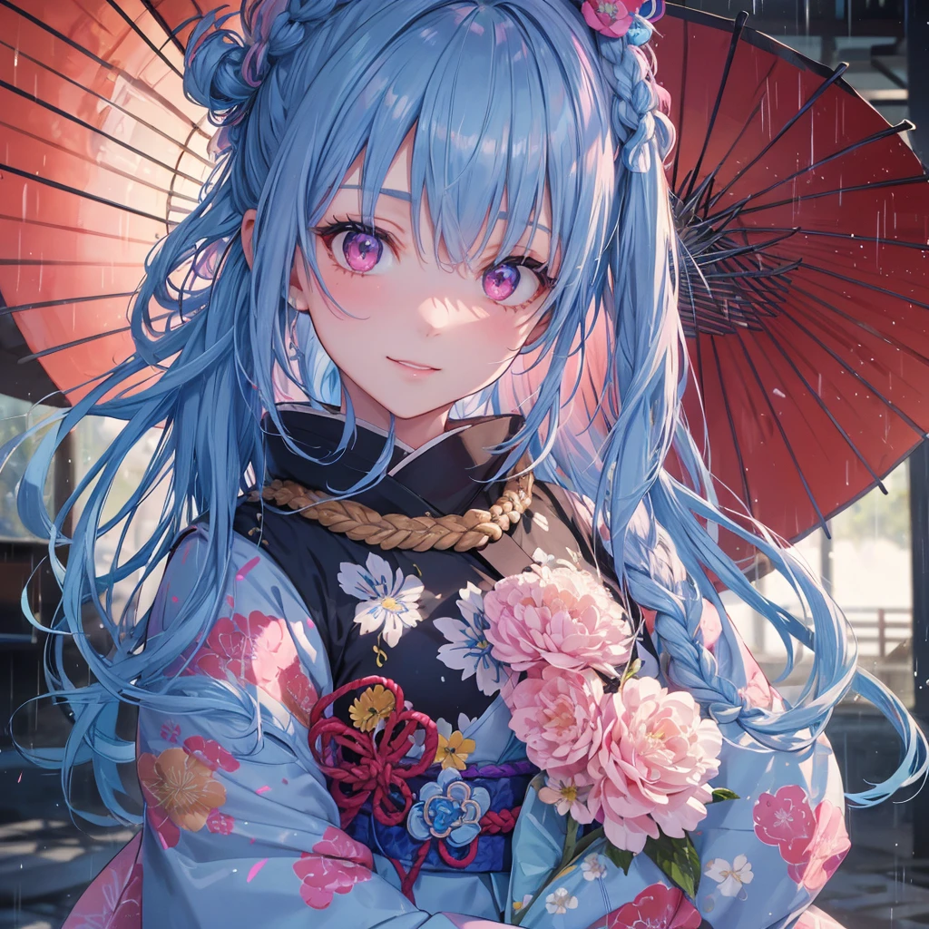 Sky blue hair, (Braided Ponytail),(Pink Eyes),Fair skin ,(whole body),(1 Girl),smile,Straight bangs,(masterpiece, Highest quality, Very detailed, Best Shadow), (Detailed Background), (Beautifully detailed face), High Contrast, (Best lighting, Very delicate and beautiful), ((Cinematic Light)), colorful, Hyper Detail, Dramatic Light, Intricate details,Rain showers,Kyoto,Japanese Umbrella,kimono,