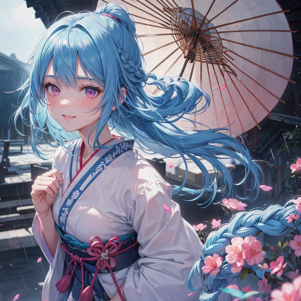 Sky blue hair, (Braided Ponytail),(Pink Eyes),Fair skin ,(whole body),(1 Girl),smile,Straight bangs,(masterpiece, Highest quality, Very detailed, Best Shadow), (Detailed Background), (Beautifully detailed face), High Contrast, (Best lighting, Very delicate and beautiful), ((Cinematic Light)), colorful, Hyper Detail, Dramatic Light, Intricate details,Rain showers,Kyoto,Japanese Umbrella,kimono,