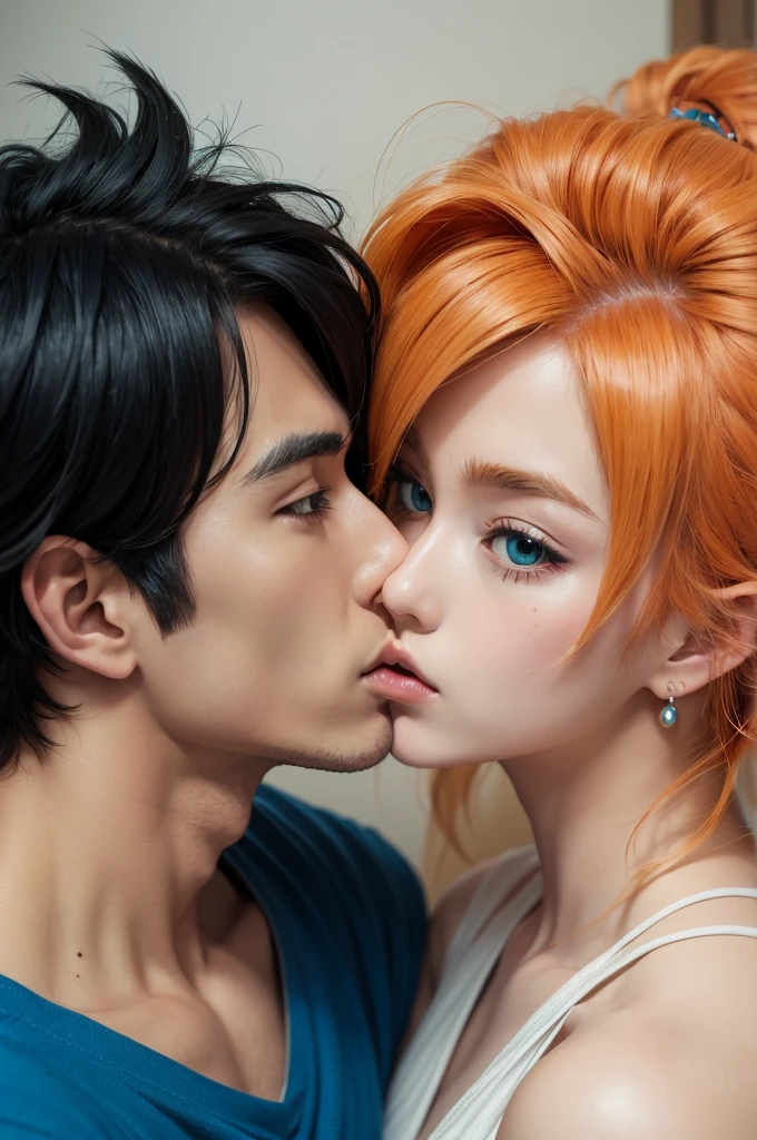 ((anime)), ((best quality)), ((masterpiece)), (detailed), perfect face, Bulma and Goku kissing
