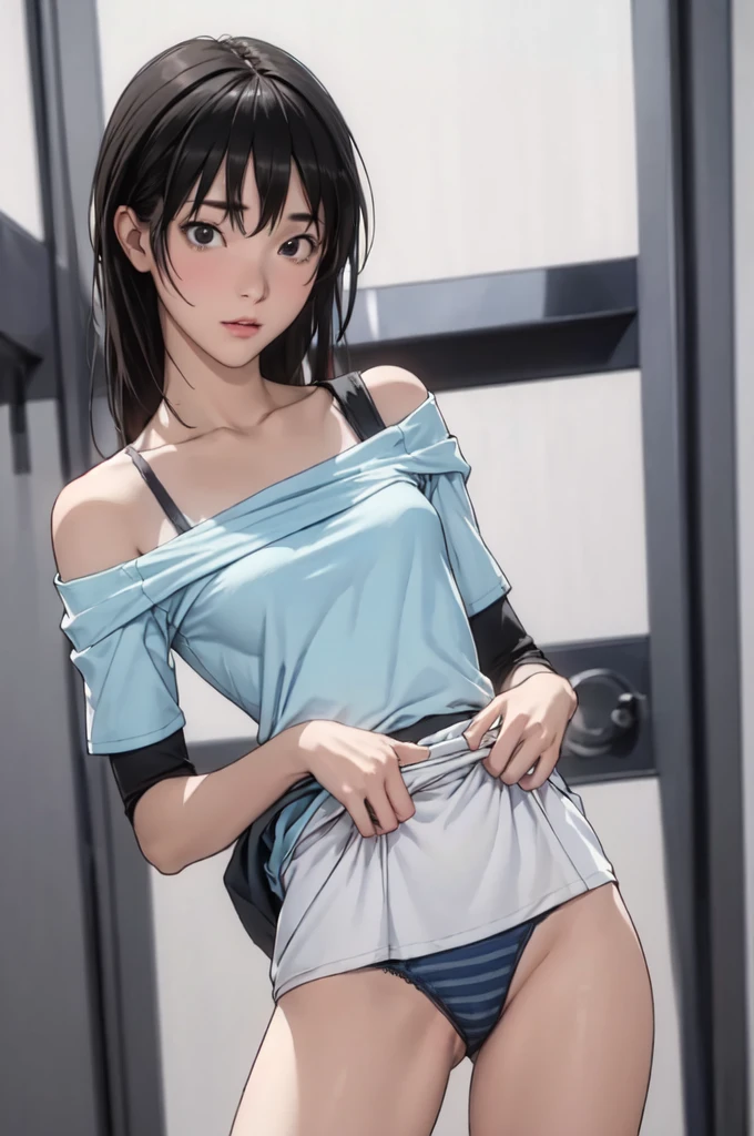 ((masterpiece, best quality)),((highres:1.2)), 1 Girl, solo, Cowboy Shot, Blurred Background, (((Small breasts))), Thighs, (Stripe underwear), ((lift the Shirts:1.3)), Off the shoulder, (sexy One Shoulder T-Shirts),