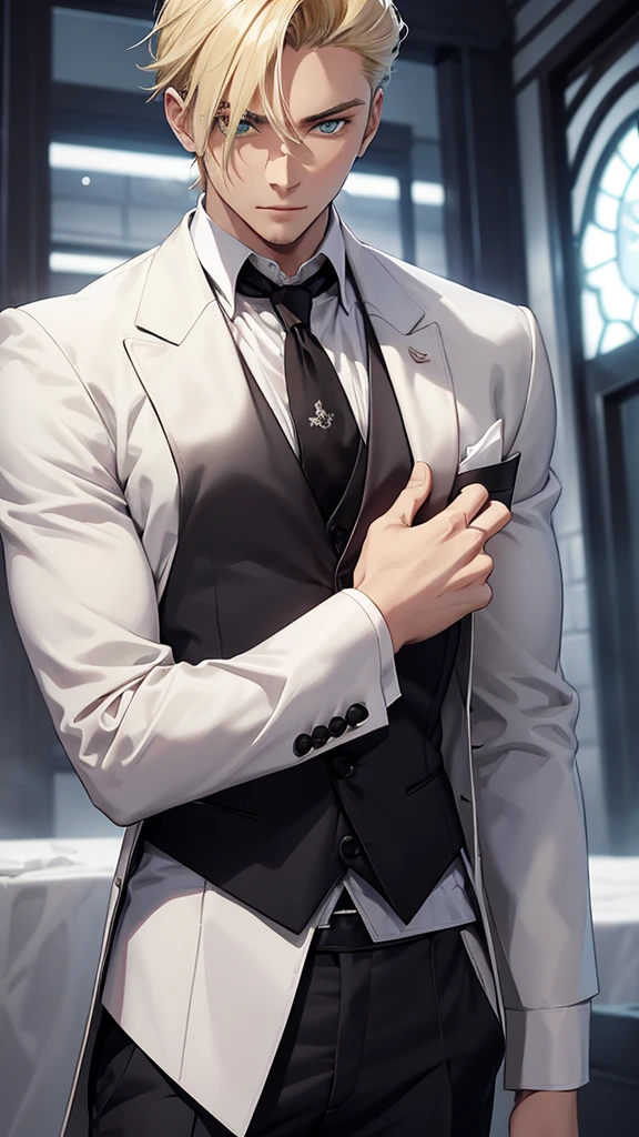 A handsome young man, sunflower blonde hair, green eyes, snow-white skin, slightly muscular, The individual stands with his arms slightly bent at the elbows, hands resting on his hips and fingers extended. He wears a formal three-piece suit without a jacket. The suit consists of a black vest buttoned at the front, black pants, and a white long-sleeved dress shirt. Additionally, he wears a black tie tied neatly around the collar of his shirt. The individual also wears white gloves that completely cover the hands.