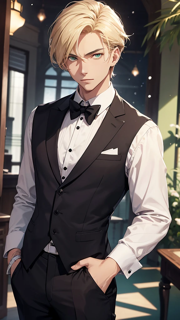 A handsome young man, sunflower blonde hair, green eyes, snow-white skin, slightly muscular, The individual stands with his arms slightly bent at the elbows, hands resting on his hips and fingers extended. He wears a formal three-piece suit without a jacket. The suit consists of a black vest buttoned at the front, black pants, and a white long-sleeved dress shirt. Additionally, he wears a black tie tied neatly around the collar of his shirt. The individual also wears white gloves that completely cover the hands.