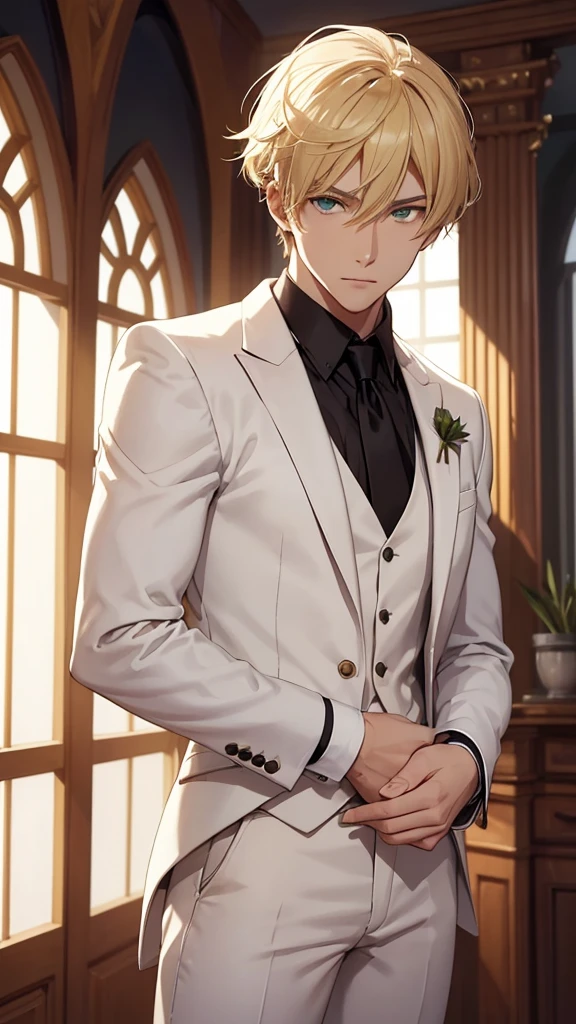 A handsome young man, sunflower blonde hair, green eyes, snow-white skin, slightly muscular, The individual stands with his arms slightly bent at the elbows, hands resting on his hips and fingers extended. He wears a formal three-piece suit without a jacket. The suit consists of a black vest buttoned at the front, black pants, and a white long-sleeved dress shirt. Additionally, he wears a black tie tied neatly around the collar of his shirt. The individual also wears white gloves that completely cover the hands.
