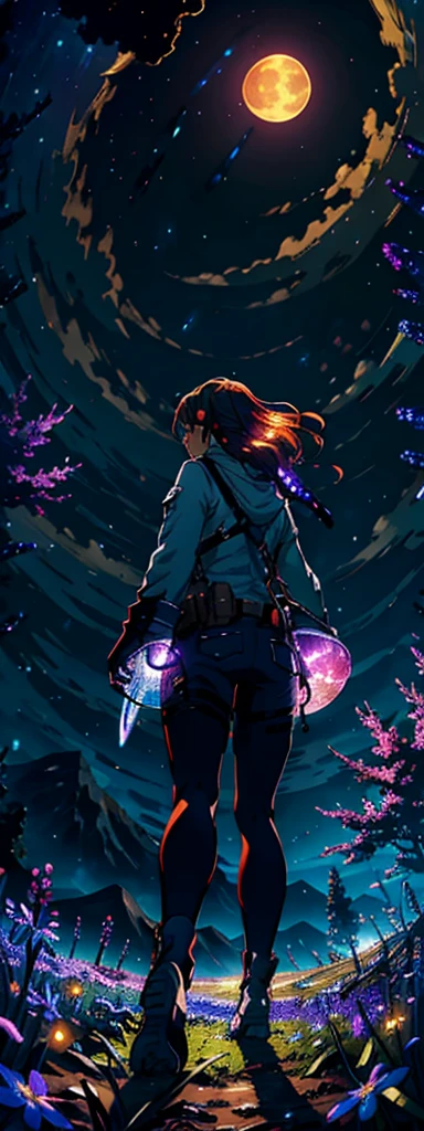 expansive landscape photograph , (a view from below that shows sky above and open field below), a girl standing on flower field looking up, (full moon:1.2), ( shooting stars:0.9), (nebula:1.3), distant mountain, tree BREAK
production art, (warm light source:1.2), (Firefly:1.2), lamp, lot of purple and orange, intricate details, volumetric lighting BREAK
(masterpiece:1.2), (best quality), 4k, ultra-detailed, (dynamic composition:1.4), highly detailed, colorful details,( iridescent colors:1.2), (glowing lighting, atmospheric lighting), dreamy, magical, (solo:1.2)
