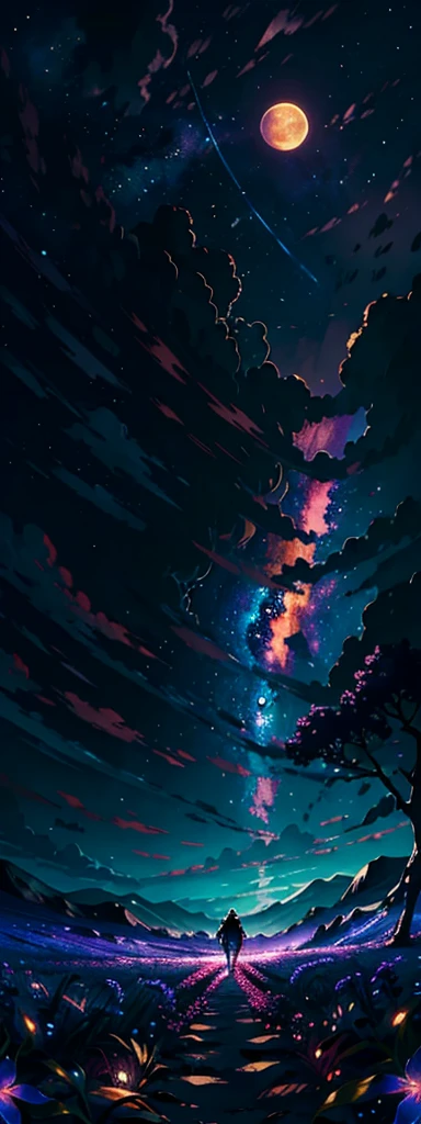 expansive landscape photograph , (a view from below that shows sky above and open field below), a girl standing on flower field looking up, (full moon:1.2), ( shooting stars:0.9), (nebula:1.3), distant mountain, tree BREAK
production art, (warm light source:1.2), (Firefly:1.2), lamp, lot of purple and orange, intricate details, volumetric lighting BREAK
(masterpiece:1.2), (best quality), 4k, ultra-detailed, (dynamic composition:1.4), highly detailed, colorful details,( iridescent colors:1.2), (glowing lighting, atmospheric lighting), dreamy, magical, (solo:1.2)