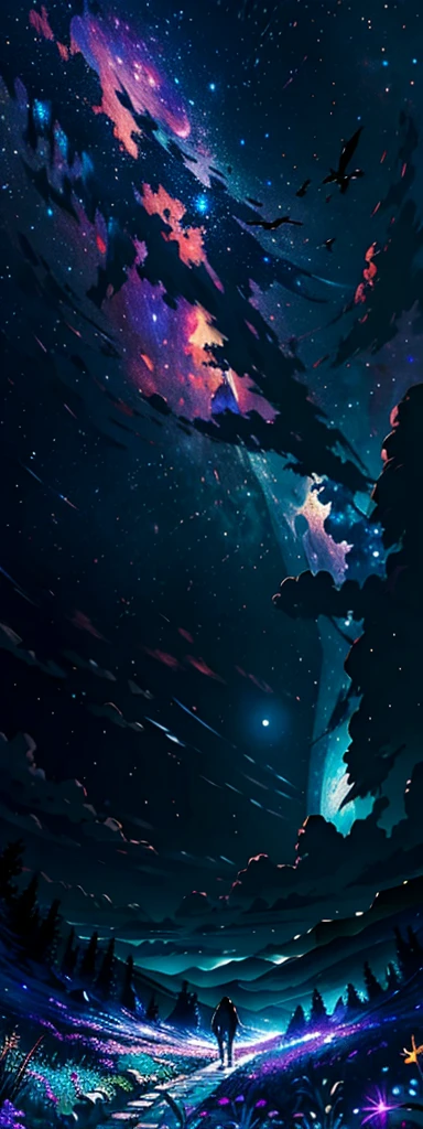 expansive landscape photograph , (a view from below that shows sky above and open field below), a girl standing on flower field looking up, (full moon:1.2), ( shooting stars:0.9), (nebula:1.3), distant mountain, tree BREAK
production art, (warm light source:1.2), (Firefly:1.2), lamp, lot of purple and orange, intricate details, volumetric lighting BREAK
(masterpiece:1.2), (best quality), 4k, ultra-detailed, (dynamic composition:1.4), highly detailed, colorful details,( iridescent colors:1.2), (glowing lighting, atmospheric lighting), dreamy, magical, (solo:1.2)