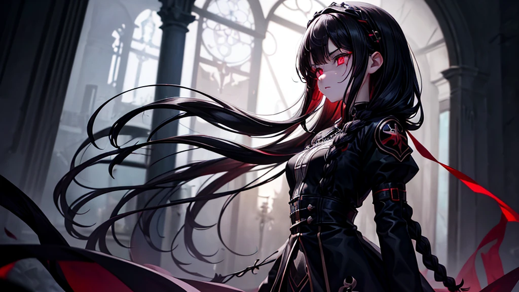 1 girl ,(large stigmata) , Kirchenruine, bloody rosary , (floating hair, floating skirt), ((Blutmeer)),From Side View, Characterfocus, ((Blacklight)),((dark lighting)), cinematic lighting ,(darkness), (conceptual art), ((Rape Face)) ,verträumter Blick detailreiche eyes, detailed face, detailed skin, extremely detail, detalierte eyes, black long straight hair, black hair, Braided hairstyles, long straight braids, hair band , red eyes color, Short black dress, tight black dress, absolutes Territorium, Thigh high socks, (glowing eyes), high resolution,(incredibly absurd) ,Extreme detail CG Unity 8K wallpaper, ((​masterpiece)), ((top quality)), (beautiful illustration), ((an extremely delicate and beautiful)), (​masterpiece, best quality, ultra high resolution), black hair, pale skin, Black Crown, red eyes, bright_eyes, neon eyes, ultra detailed eyes, schönes und detailed face, detailed eyes, (centered, torso), (tears), (wide angle shot:0.9), facing to viewer, eyeshöhe