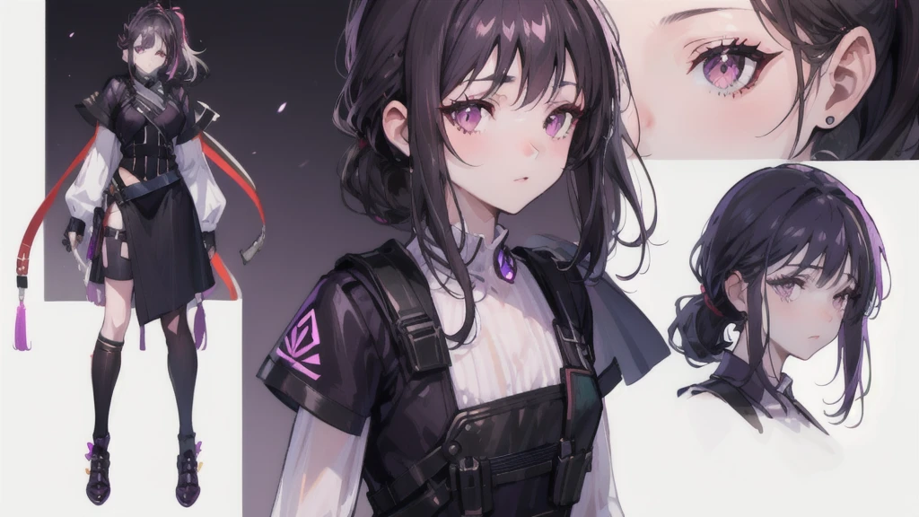 One woman,human, Dark hair with purple strands, Ponytail, purple eyes, black outfit,wearing bulletproof vest, beautiful, masterpiece, best quality, perfect lighting, extremely detailed CG unity 8k wallpaper, reference sheet, model sheet, simple white background, (multiple views, [from behind|from side|from front|close-up|upper body|portrait]:1),