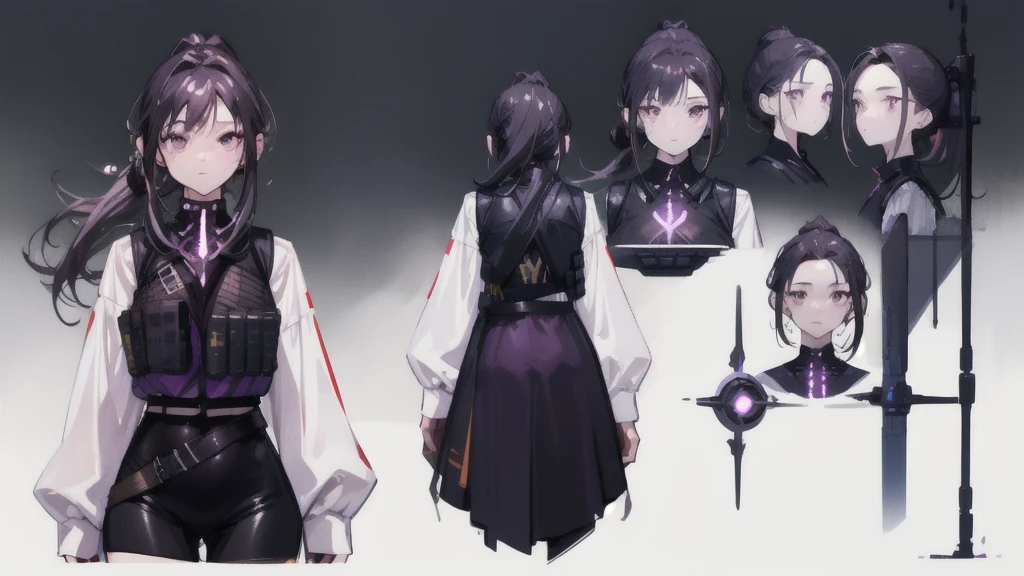 One woman,human, Dark hair with purple strands, Ponytail, purple eyes, black outfit,wearing bulletproof vest, beautiful, masterpiece, best quality, perfect lighting, extremely detailed CG unity 8k wallpaper, reference sheet, model sheet, simple white background, (multiple views, [from behind|from side|from front|close-up|upper body|portrait]:1),