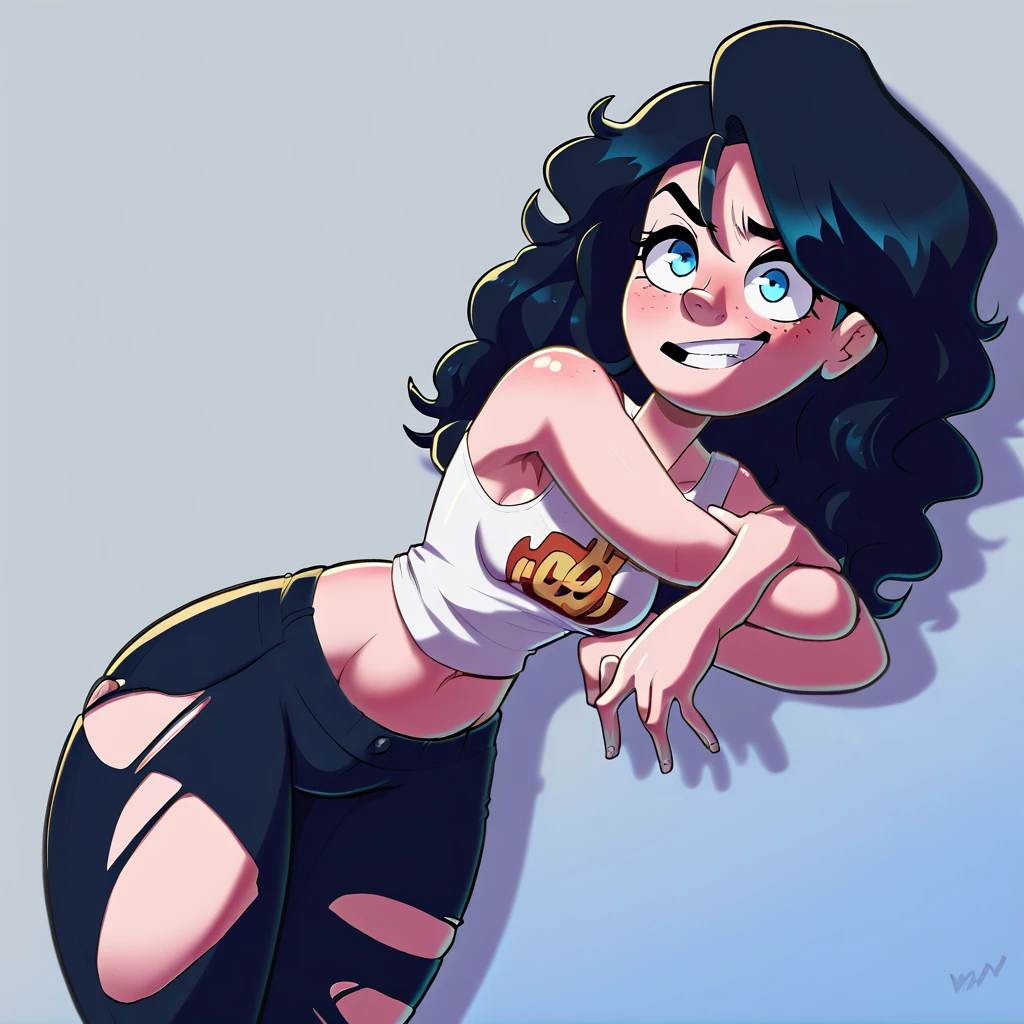 Ralph Bakshi Style, Curvy blue eyed girl with long wavy black hair and small breasts, (smug_grin), nudity, (extreme nsfw), lewd, (thick_pubic_stubble):3.0, slumber party, legs spread apart 