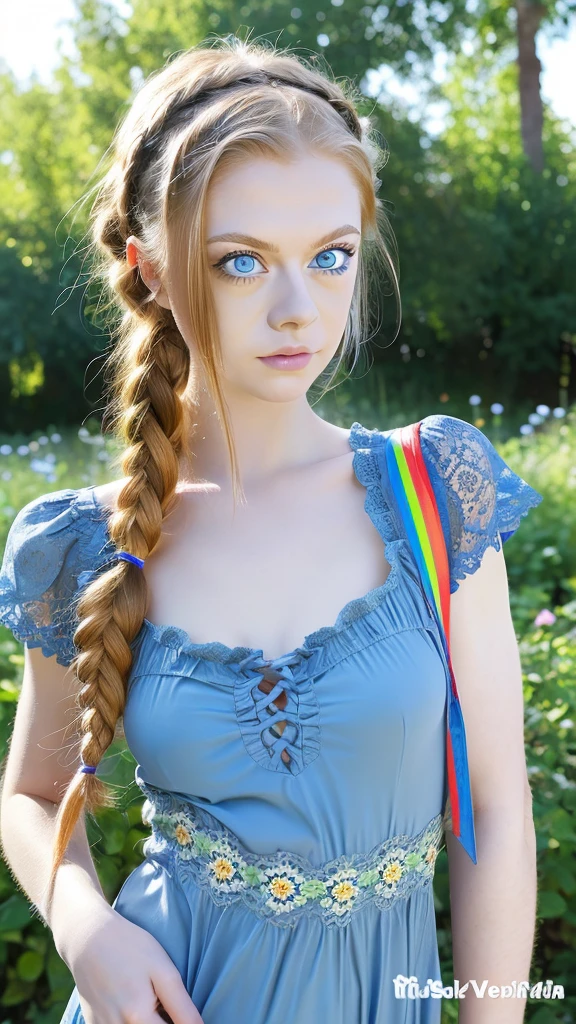 1 girl, solo, (nsfw), cute redhead 18-year-old girl in twin tails, (perfect female body), (cute face make up), multiple (rainbow colored hair: 1.2), (beautiful detailed blue eyes: 1.6), (photo realistic eyes: 1.6), happy, Ukrainian, (petite body), (small hips), pale white skin, (mini lace fabric camisole), ("post apocalyptic garden" style background), (day time:1.2), photo realistic.