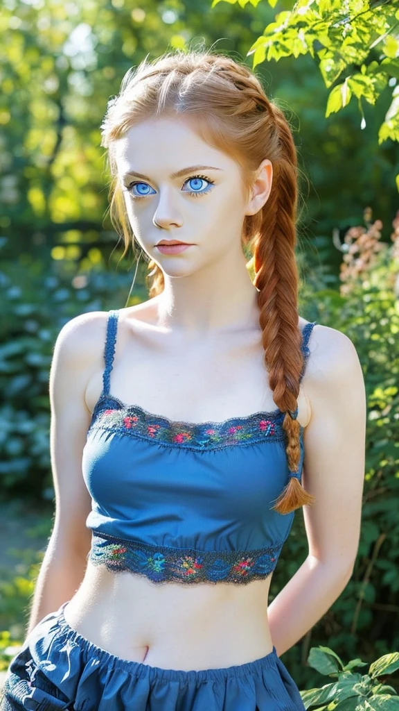 1 girl, solo, (nsfw), cute redhead 18-year-old girl in twin tails, (perfect female body), (cute face make up), multiple (rainbow colored hair: 1.2), (beautiful detailed blue eyes: 1.6), (photo realistic eyes: 1.6), happy, Ukrainian, (petite body), (small hips), pale white skin, (mini lace fabric camisole), ("post apocalyptic garden" style background), (day time:1.2), photo realistic.