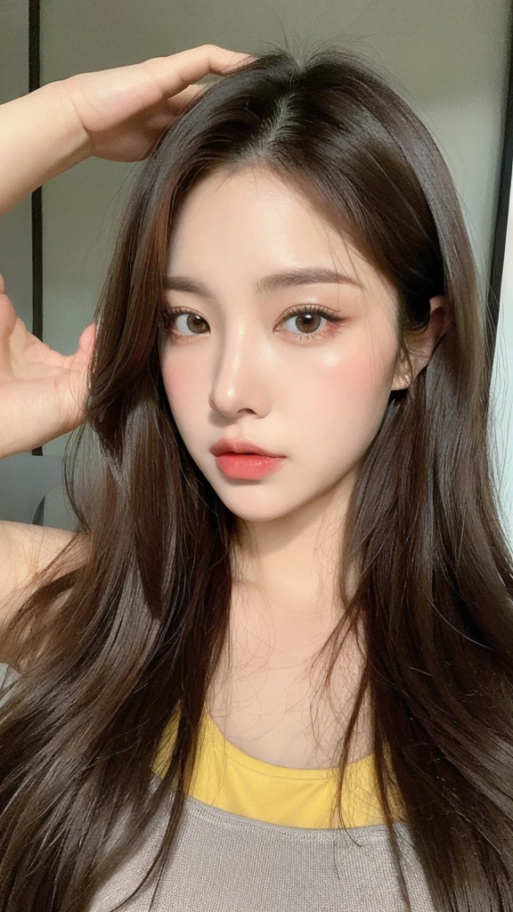（real， High resolution：1.3）， One girl with a perfect body， Very beautiful face and eyeideum Hair， Random color T-shirt