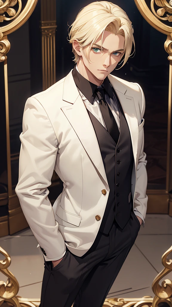 A handsome young man, sunflower blonde hair, green eyes, snow-white skin, slightly muscular, The individual stands with his arms slightly bent at the elbows, hands resting on his hips and fingers extended. He wears a formal three-piece suit without a jacket. The suit consists of a black vest buttoned at the front, black pants, and a white long-sleeved dress shirt. Additionally, he wears a black tie tied neatly around the collar of his shirt. The individual also wears white gloves that completely cover the hands.