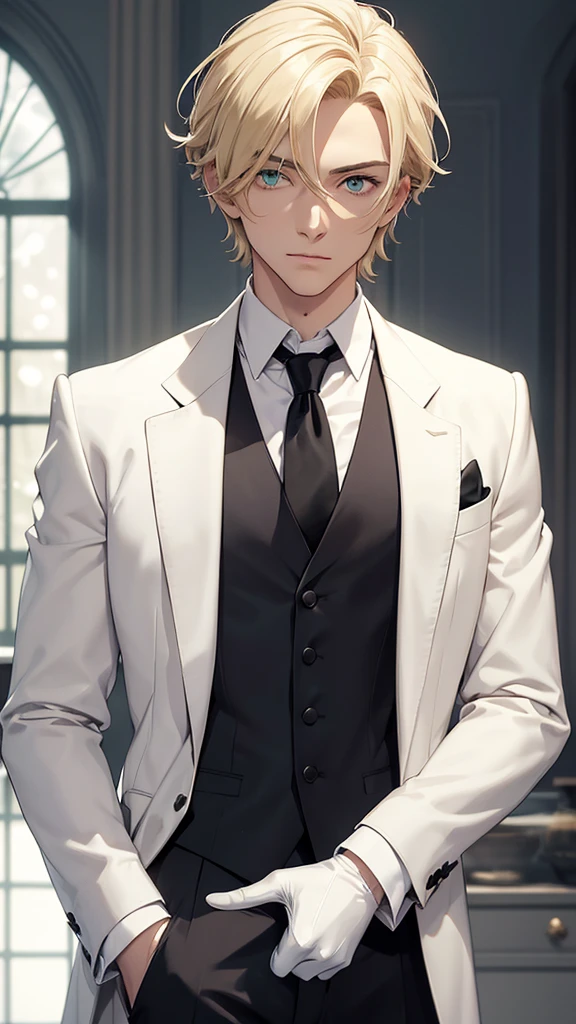 A handsome young man, sunflower blonde hair, green eyes, snow-white skin, slightly muscular, The individual stands with his arms slightly bent at the elbows, hands resting on his hips and fingers extended. He wears a formal three-piece suit without a jacket. The suit consists of a black vest buttoned at the front, black pants, and a white long-sleeved dress shirt. Additionally, he wears a black tie tied neatly around the collar of his shirt. The individual also wears white gloves that completely cover the hands.