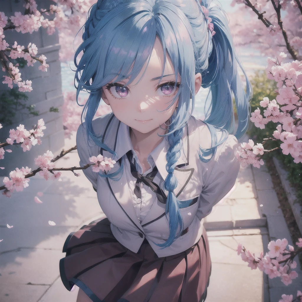 Sky blue hair, (Braided Ponytail),(Pink Eyes),Fair skin ,whole body,(1 Girl),smile,spring, cherry blossoms, Knee-high socks for school, blazer, Straight bangs,(masterpiece, Highest quality, Very detailed, Best Shadow), (Detailed Background), (Beautifully detailed face), High Contrast, (Best lighting, Very delicate and beautiful), ((Cinematic Light)), colorful, Hyper Detail, Dramatic Light, Intricate details,sunlight,Looking up