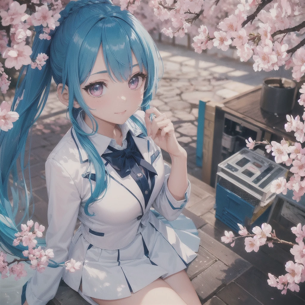 Sky blue hair, (Braided Ponytail),(Pink Eyes),Fair skin ,whole body,(1 Girl),smile,spring, cherry blossoms, Knee-high socks for school, blazer, Straight bangs,(masterpiece, Highest quality, Very detailed, Best Shadow), (Detailed Background), (Beautifully detailed face), High Contrast, (Best lighting, Very delicate and beautiful), ((Cinematic Light)), colorful, Hyper Detail, Dramatic Light, Intricate details,sunlight,Looking up