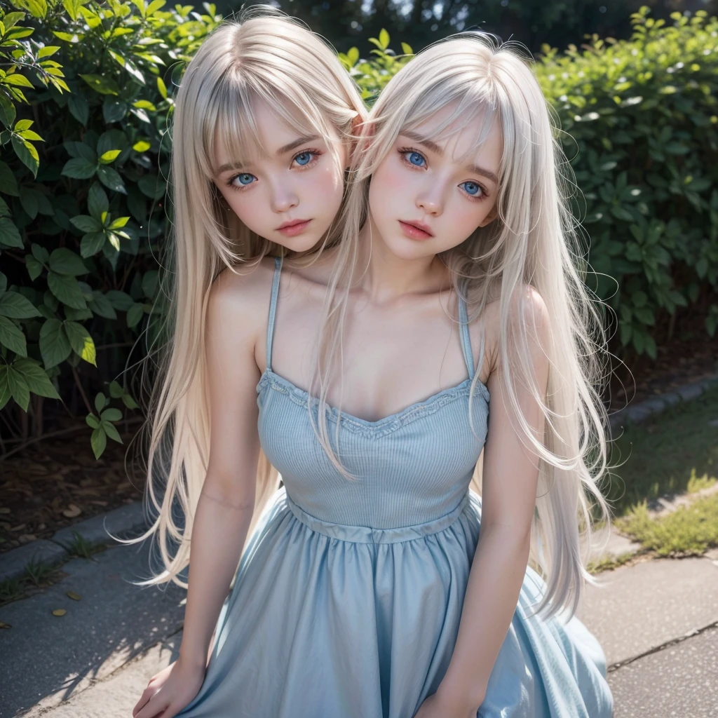 Beautiful realistic girl HD: long white hair with bangs and three strands and blue eyes, red fitted dress. full body image. fund: baile