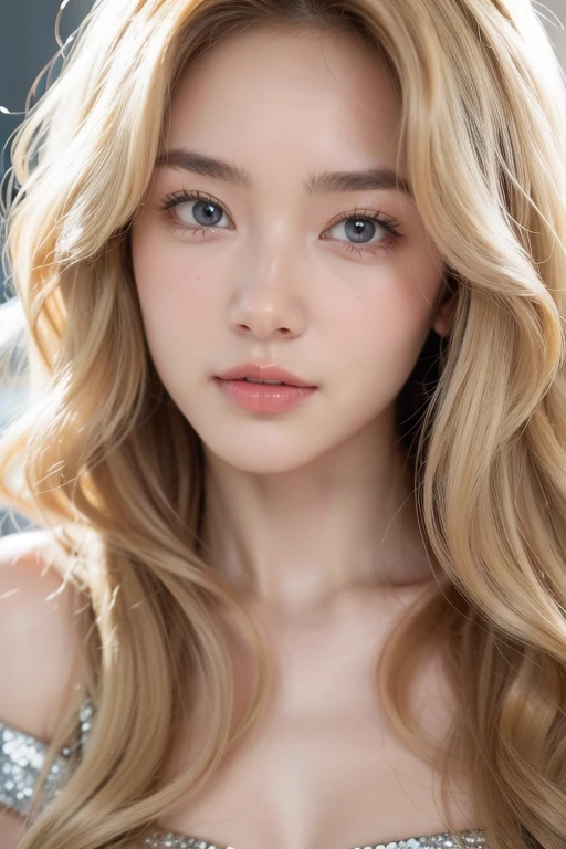 Beautiful woman with long, wavy blonde hair, kpop, silve off the shoulder fitted sparkly skirt close up portrait, beautiful facial features