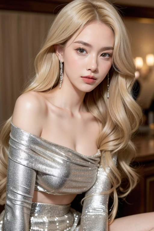 Beautiful woman with long, wavy blonde hair, kpop, silve off the shoulder fitted sparkly skirt close up portrait, beautiful facial features