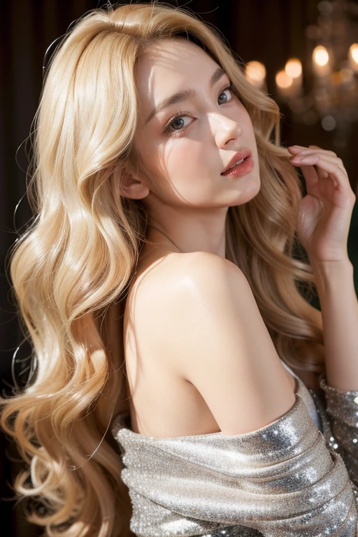 Beautiful woman with long, wavy blonde hair, kpop, silve off the shoulder fitted sparkly skirt close up portrait, beautiful facial features