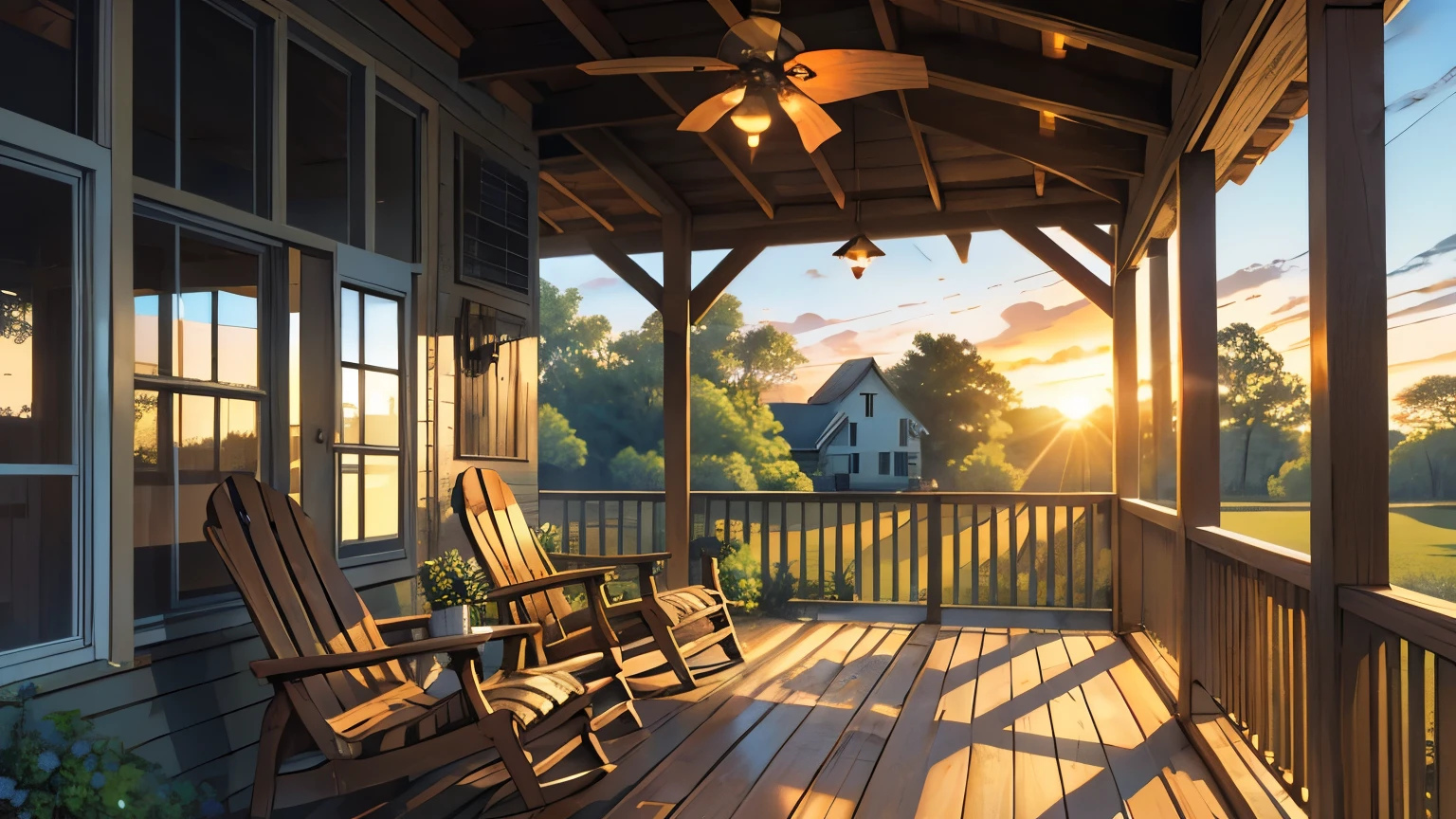 Tranquil Southern Setting: Create an image of a gleaming banjo resting on a weathered wooden porch behind a typical Southern farmhouse. The setting sun casts a soft golden light on the instrument, highlighting the details of its artisanal construction.