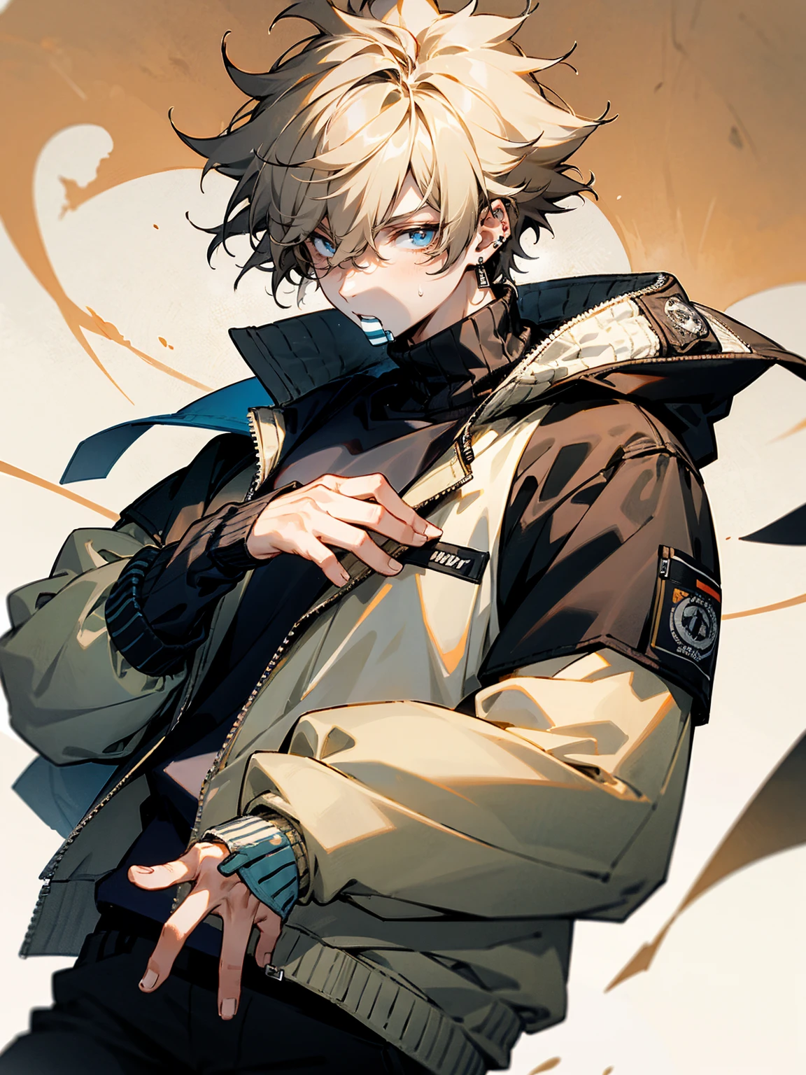 1male, cream hair, messy hair, earrings, varsity jacket, black sweat shirt, techwear pants, confident